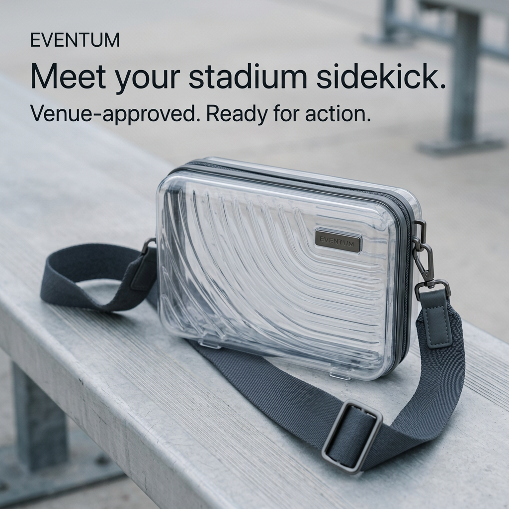 Transparent ribbed Eventum crossbody bag with grey strap lying on aluminium stadium bleachers