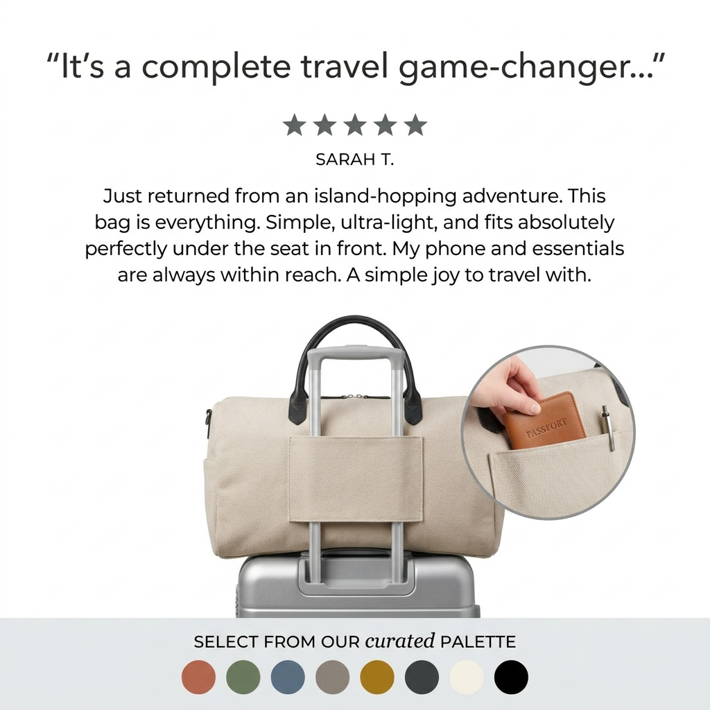 Beige canvas duffel on a silver suitcase under a five-star review, with a passport pocket zoom and colour swatches