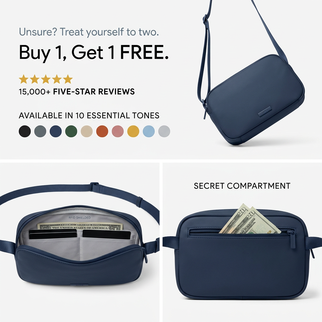 Navy crossbody bag in a three-panel grid with Buy 1 Get 1 Free text, five-star reviews, colour dots and a secret pocket
