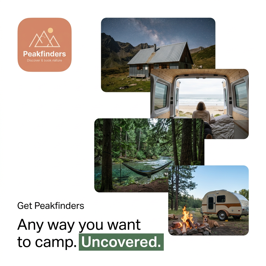 App icon and four staggered photos of a mountain hut, camper van at the beach, river hammock and trailer by a campfire