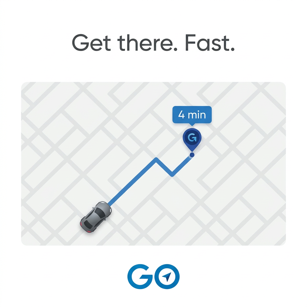 Simplified grey street map with a car, a blue route and a pin labelled 4 min, headline Get there. Fast. and GO logo