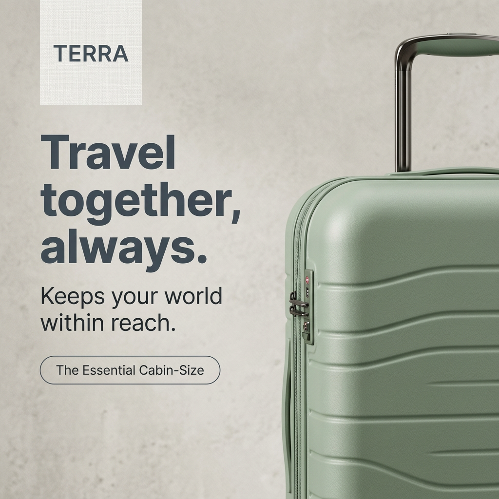 Sage green hard-shell cabin suitcase cropped on the right against a pale stone wall, Terra logo and headline on the left