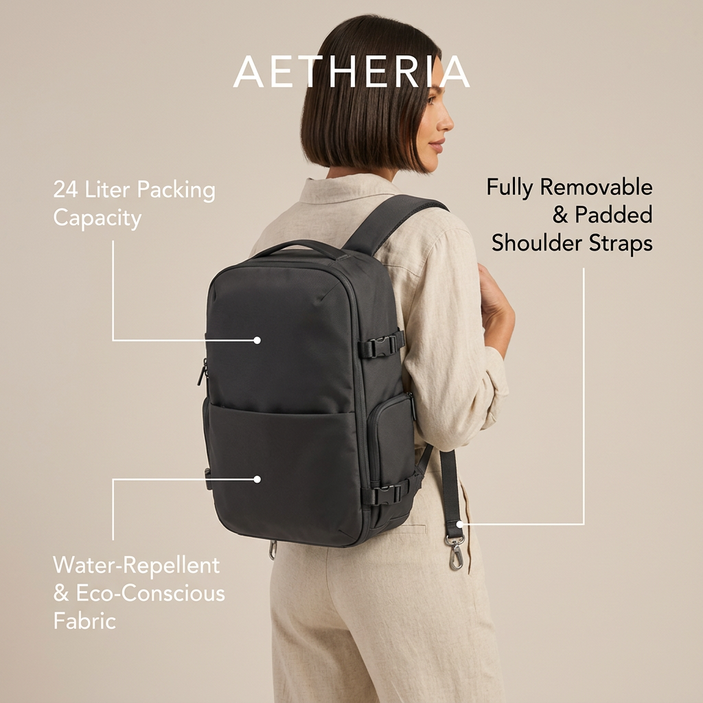 Woman in a beige linen outfit wearing a black travel backpack, with three thin callout lines to backpack features