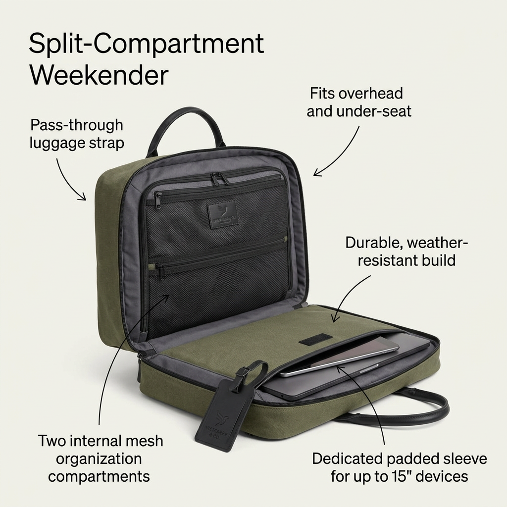 Olive canvas weekender bag opened flat showing mesh pockets and a laptop sleeve, with five curved arrow callouts