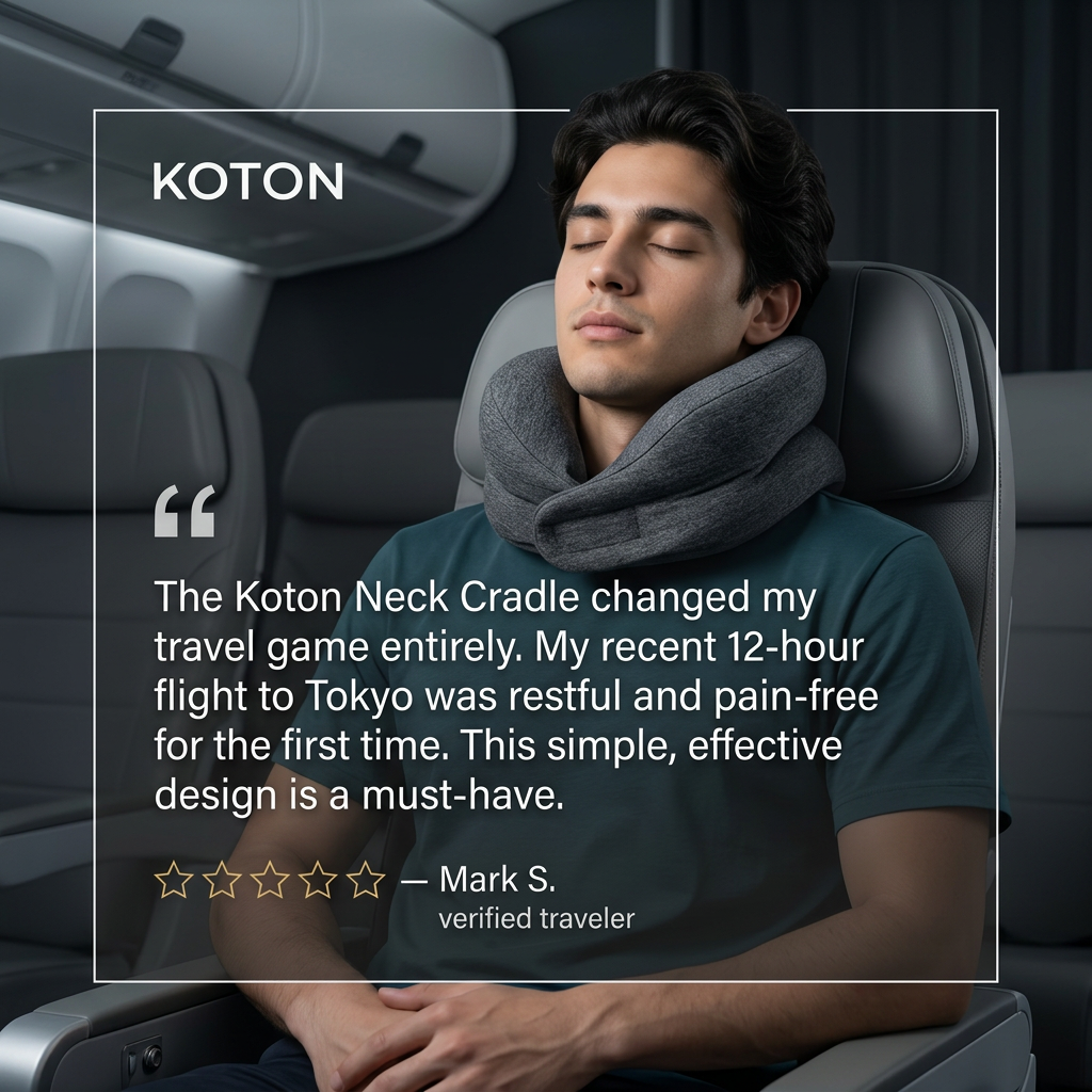 Man asleep in an airplane seat wearing a grey neck pillow, with a five-star customer review quote overlaid