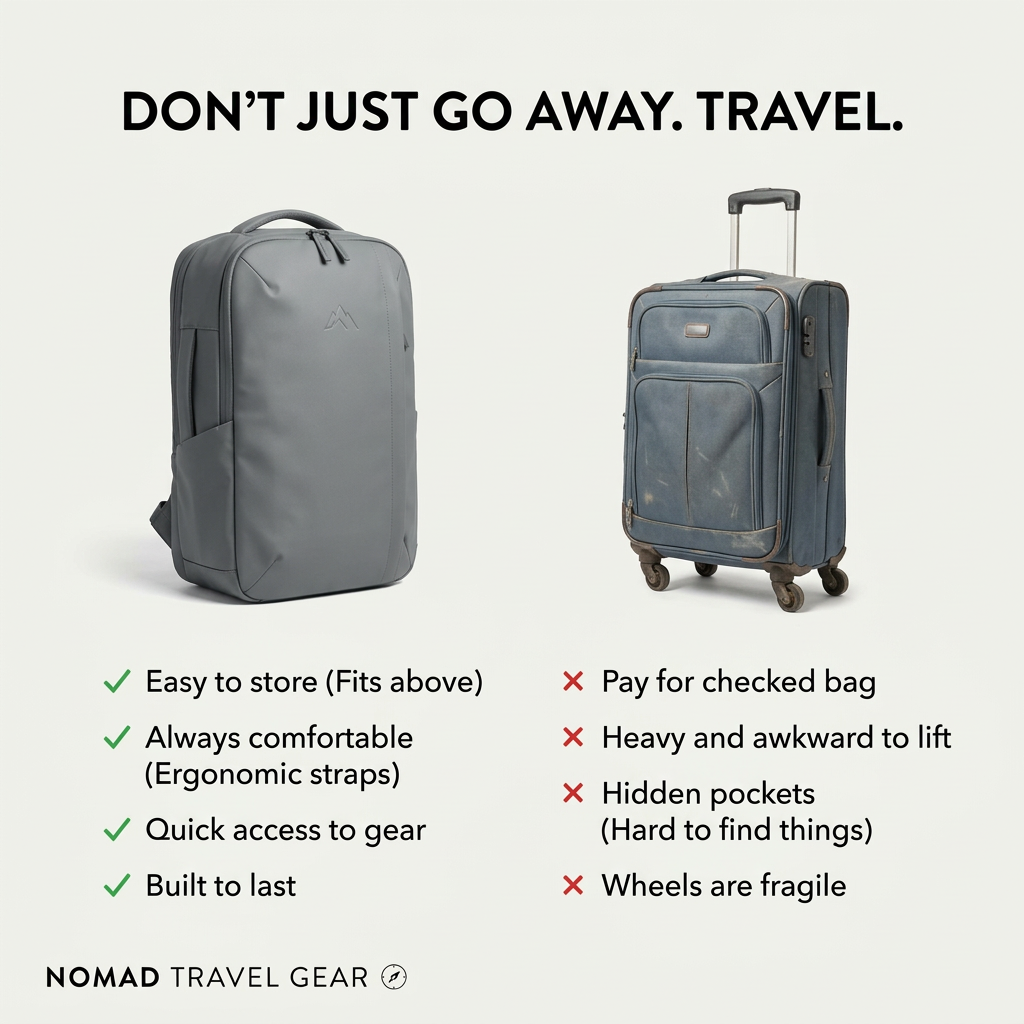 Grey travel backpack beside a worn blue suitcase, with green checkmark benefits and red cross drawbacks listed below