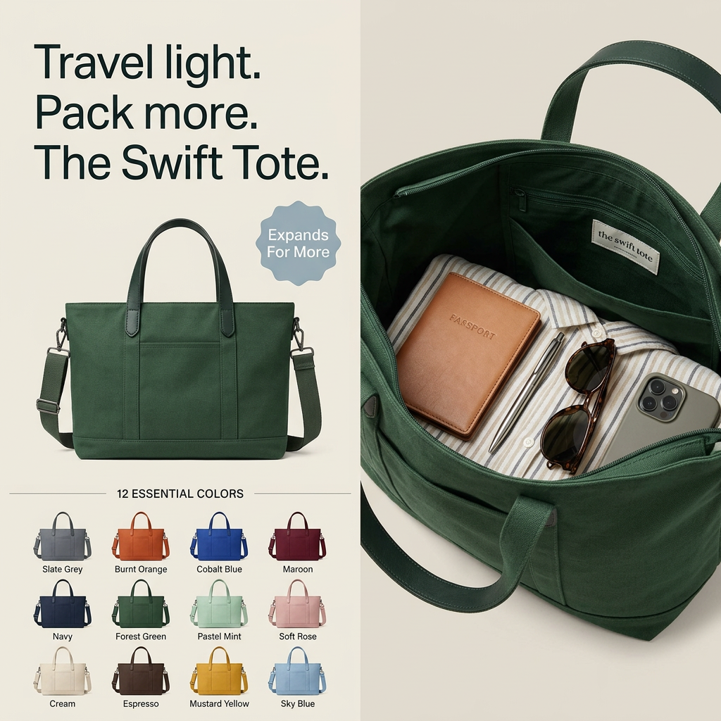 Forest green canvas tote bag with a packed interior showing passport, sunglasses and phone, plus a grid of 12 color options