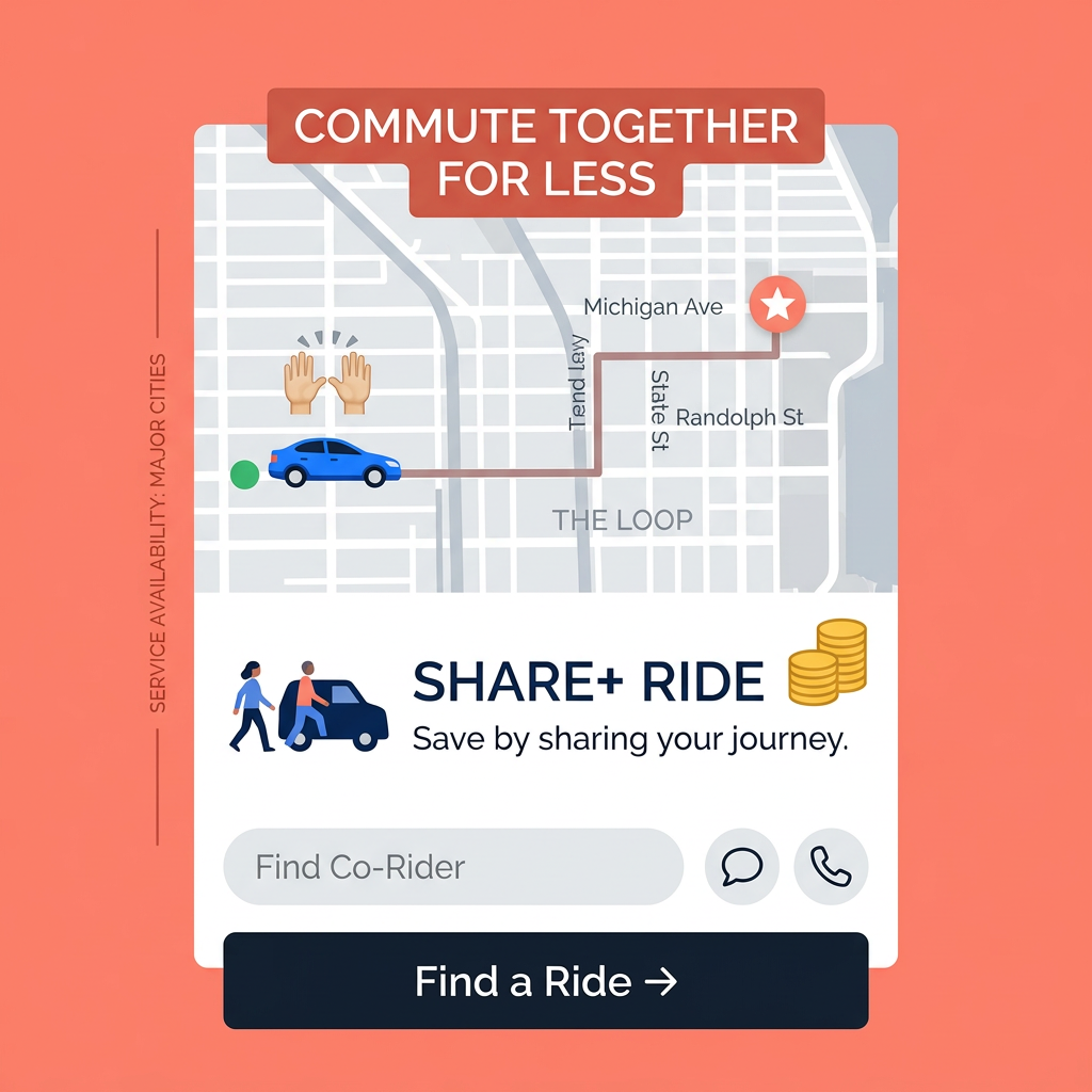 Ride-sharing app screen on coral background showing a city map route, Share+ Ride savings message and Find a Ride button