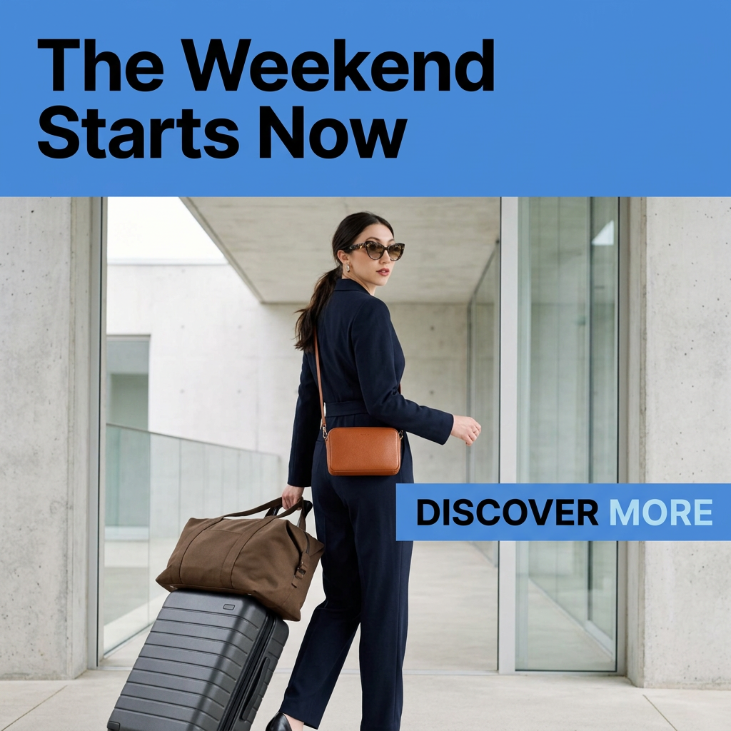 Woman in navy jumpsuit and sunglasses walking with a black suitcase, brown duffel and tan crossbody bag under a blue headline