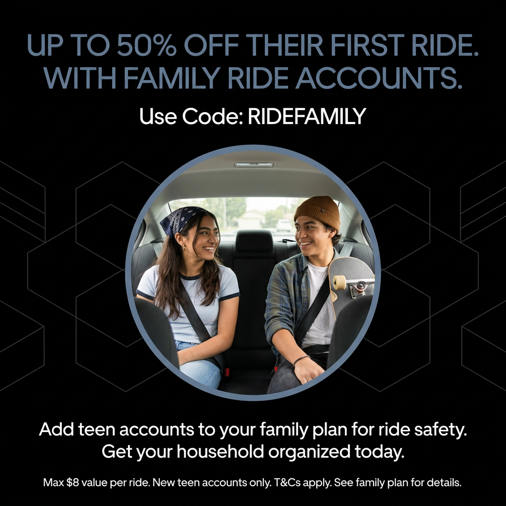 Two smiling teenagers wearing seatbelts in a car back seat, inside a circle on black, with a 50% off promo code headline