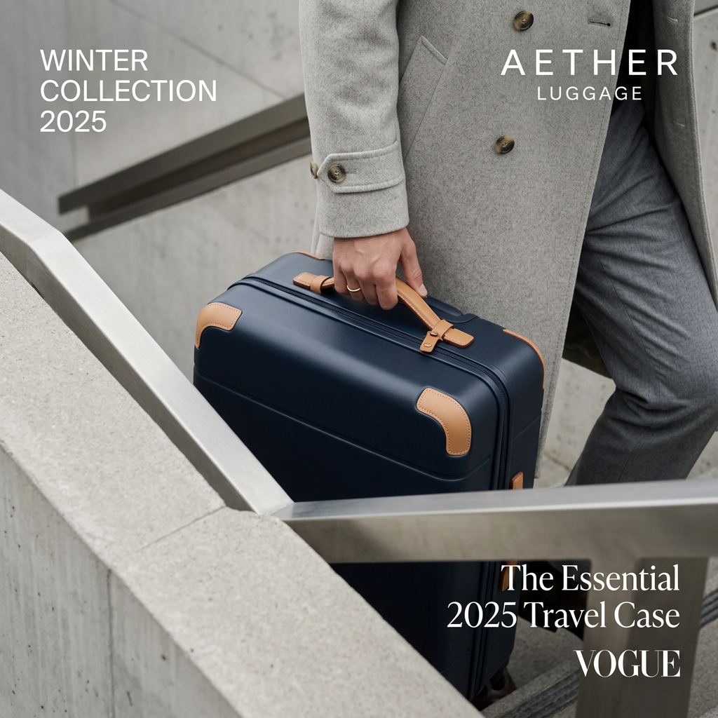 Hand in grey wool coat carrying a navy hard-shell suitcase with tan leather corners down concrete stairs