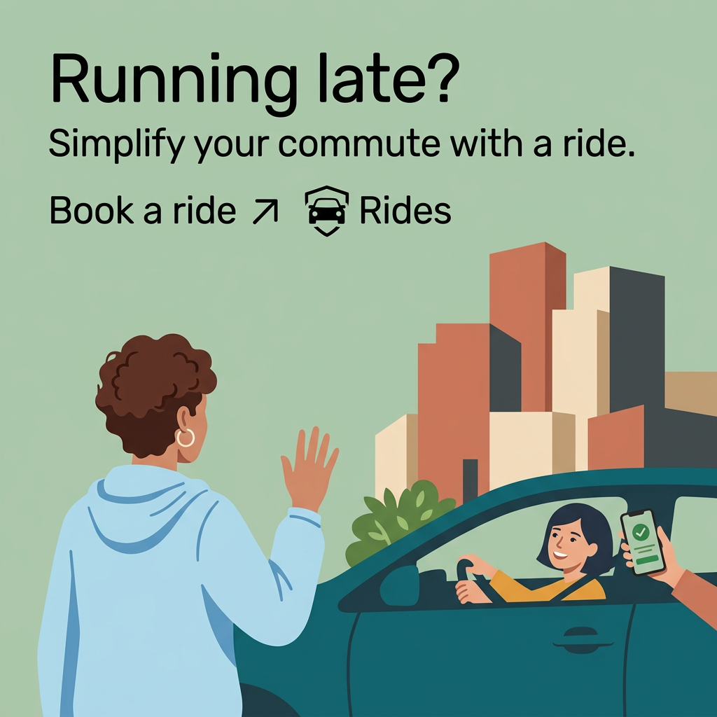 Flat illustration of a person in a blue hoodie waving at a smiling driver in a teal car, with city buildings behind