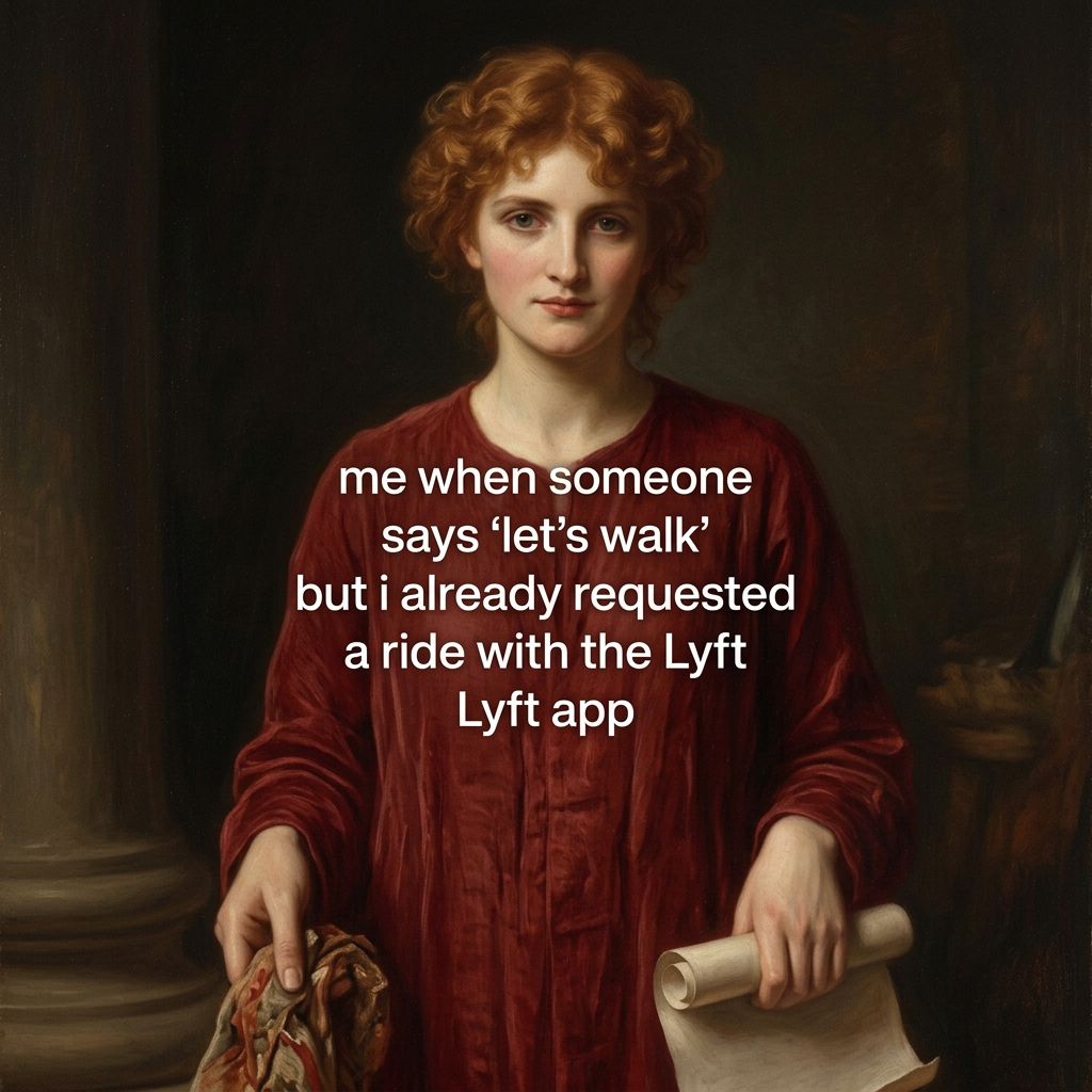 Classical-style painting of a red-haired woman in a red robe, with a meme caption about requesting a ride instead of walking