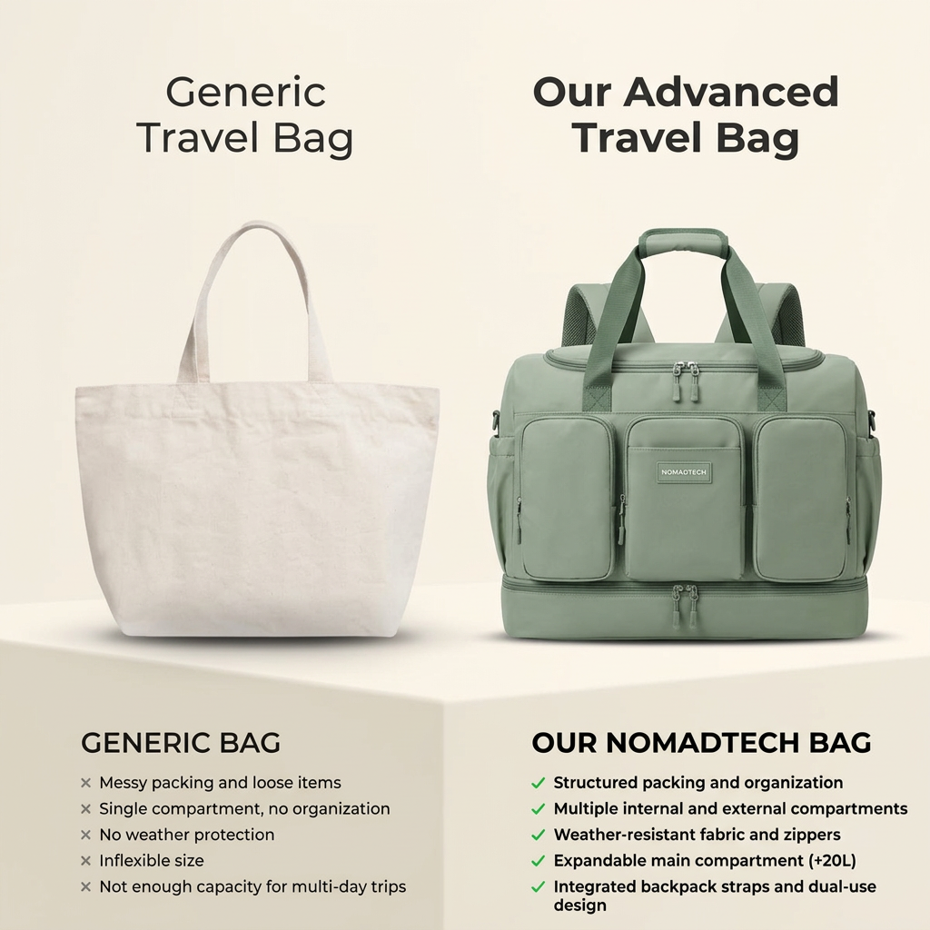 Plain canvas tote next to a sage-green travel duffel with many pockets, each on a pedestal with feature lists below
