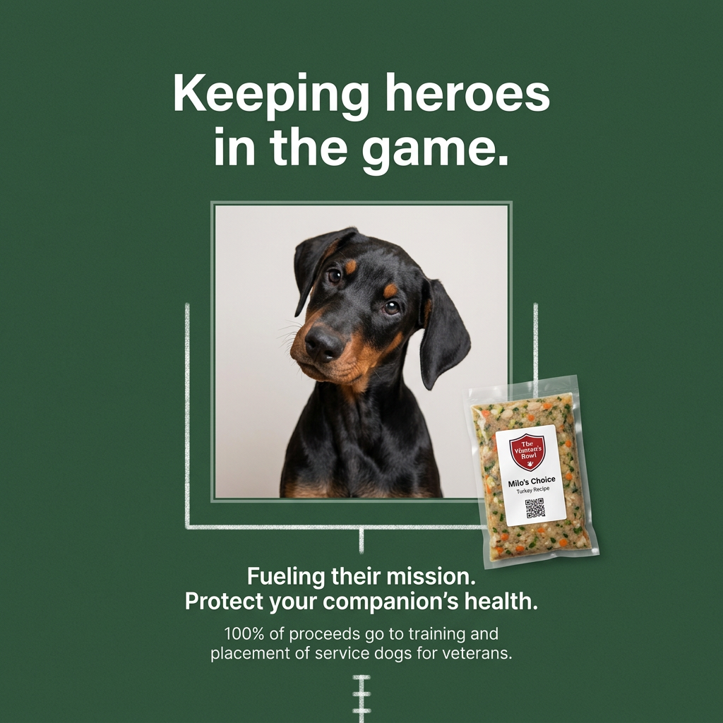 Doberman puppy in a framed photo on a green football-field background with a pack of fresh turkey dog food