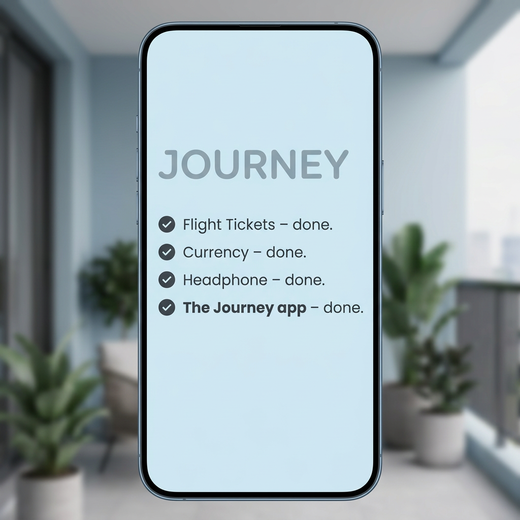 Smartphone showing a travel checklist with flight tickets, currency, headphones and the Journey app ticked as done