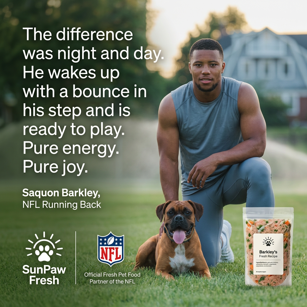 Athlete kneeling on a lawn beside a Boxer dog with a testimonial quote and a fresh dog food pack