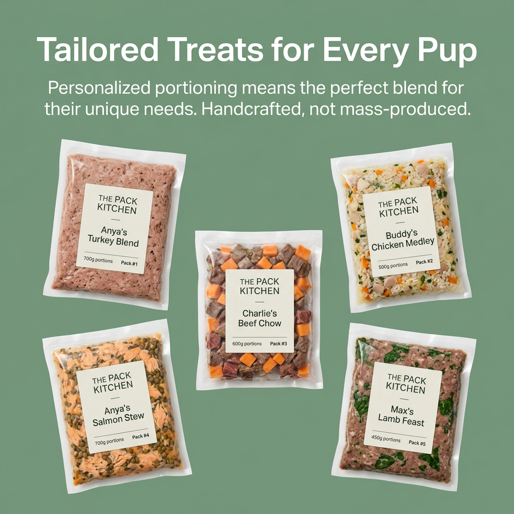 Five vacuum-sealed fresh dog food packs with personalised name labels on a sage green background
