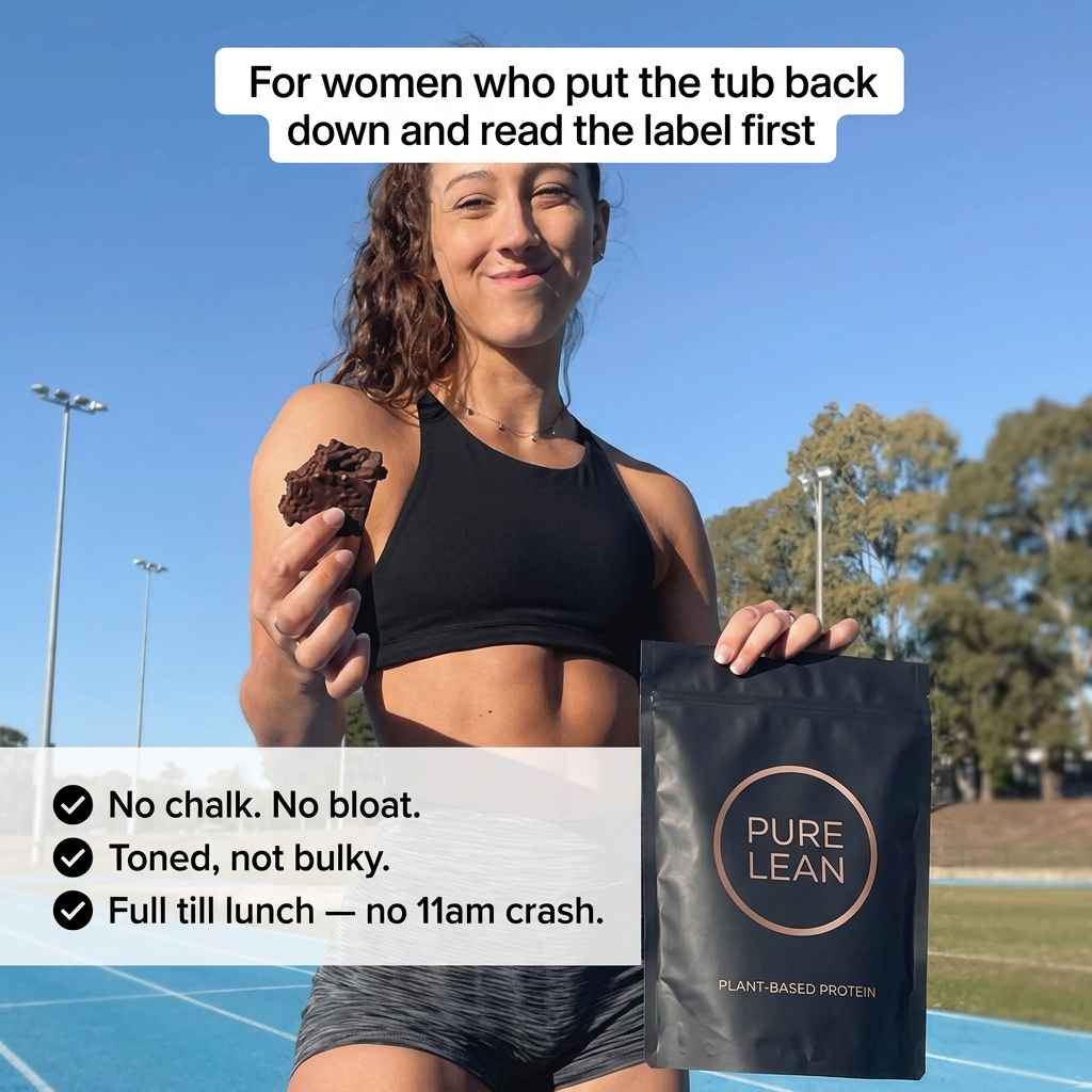 Smiling woman on a running track holding a chocolate snack and a black plant-based protein pouch, with three ticked benefits