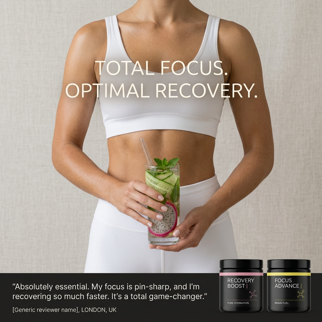 Woman in white activewear holding an infused water glass, with a review quote and two black supplement jars