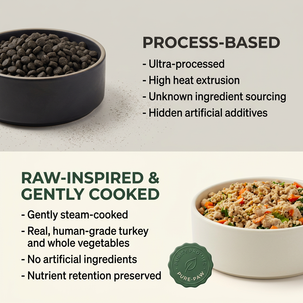 Split image comparing a dark bowl of dry kibble with a white bowl of fresh turkey and vegetable dog food