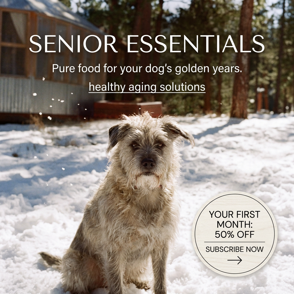 Scruffy senior terrier mix sitting in snow by a cabin, with a round badge offering 50% off the first month