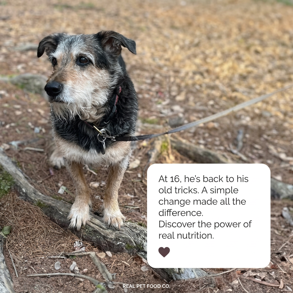 Grey-muzzled senior terrier on a leash in a forest with a caption card about being back to old tricks at 16