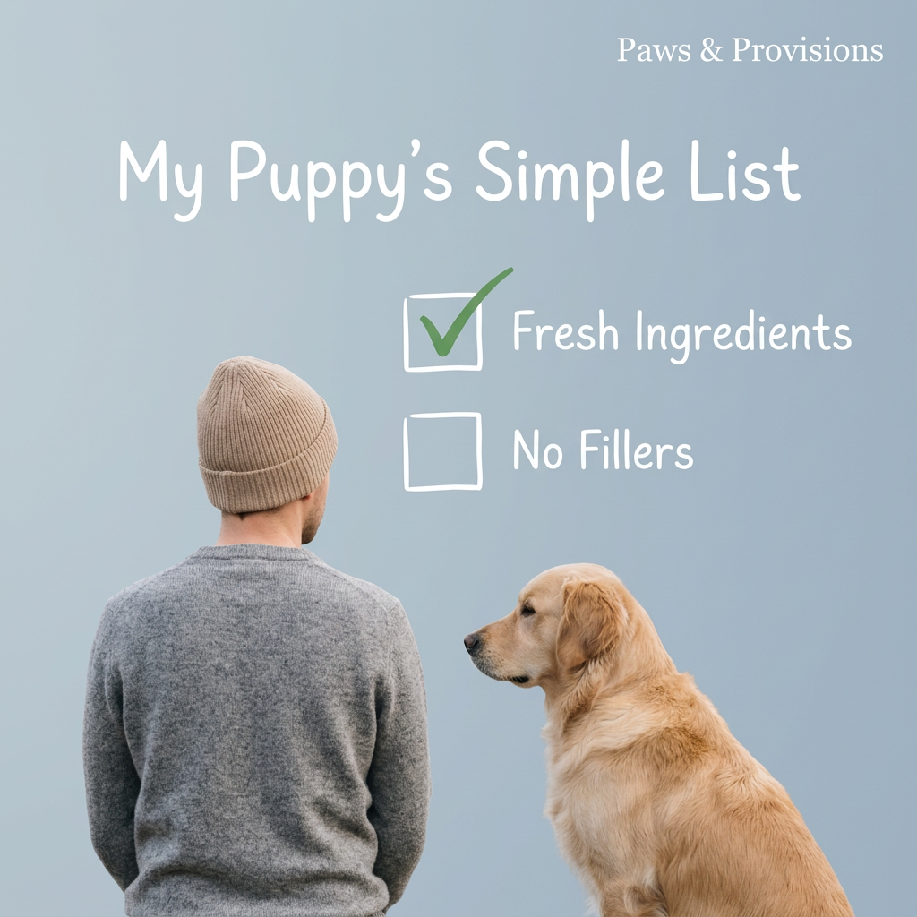 Man in a beanie and a golden retriever seen from behind next to a handwritten checklist: Fresh Ingredients, No Fillers