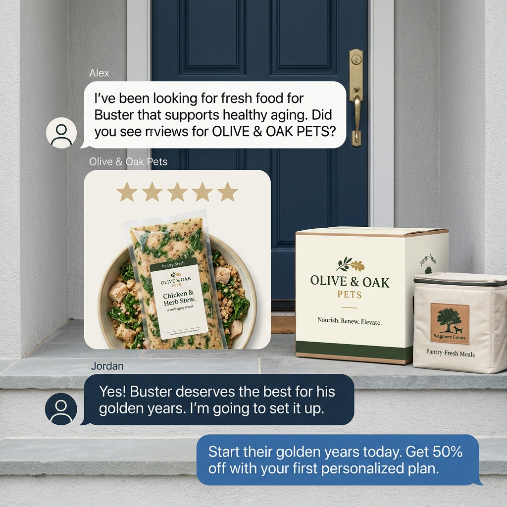 Chat bubbles between two dog owners over a doorstep with an Olive & Oak Pets delivery box and a 5-star chicken stew card