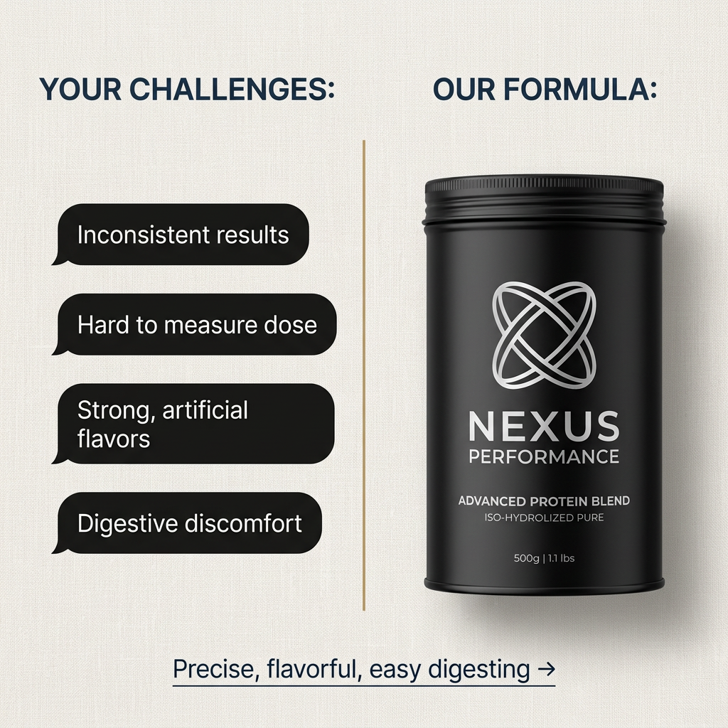 Split layout: four speech bubbles listing protein powder problems on the left, a black Nexus Performance tub on the right