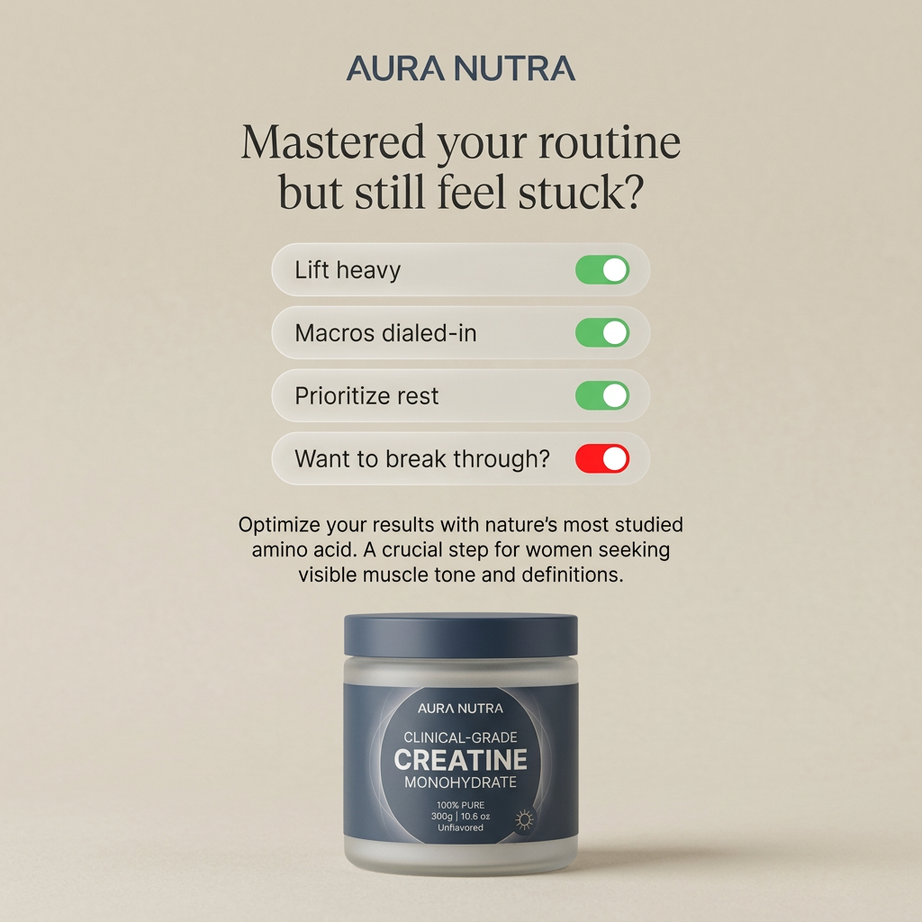 Beige ad with phone-style toggles: lift heavy, macros, rest on in green, break through off in red, above a creatine jar