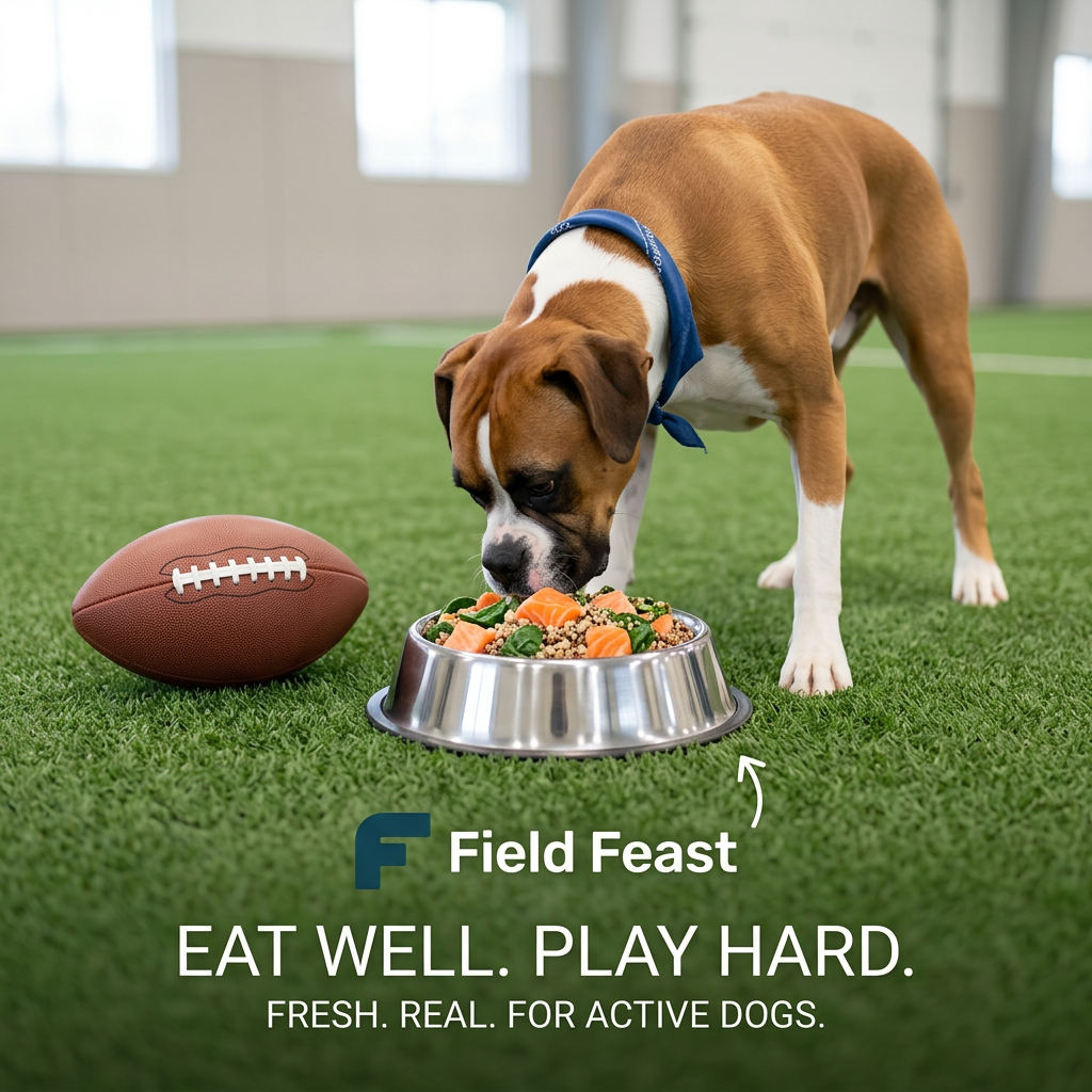 Boxer dog with blue bandana eating salmon and greens from a steel bowl on turf beside a football, with Field Feast logo