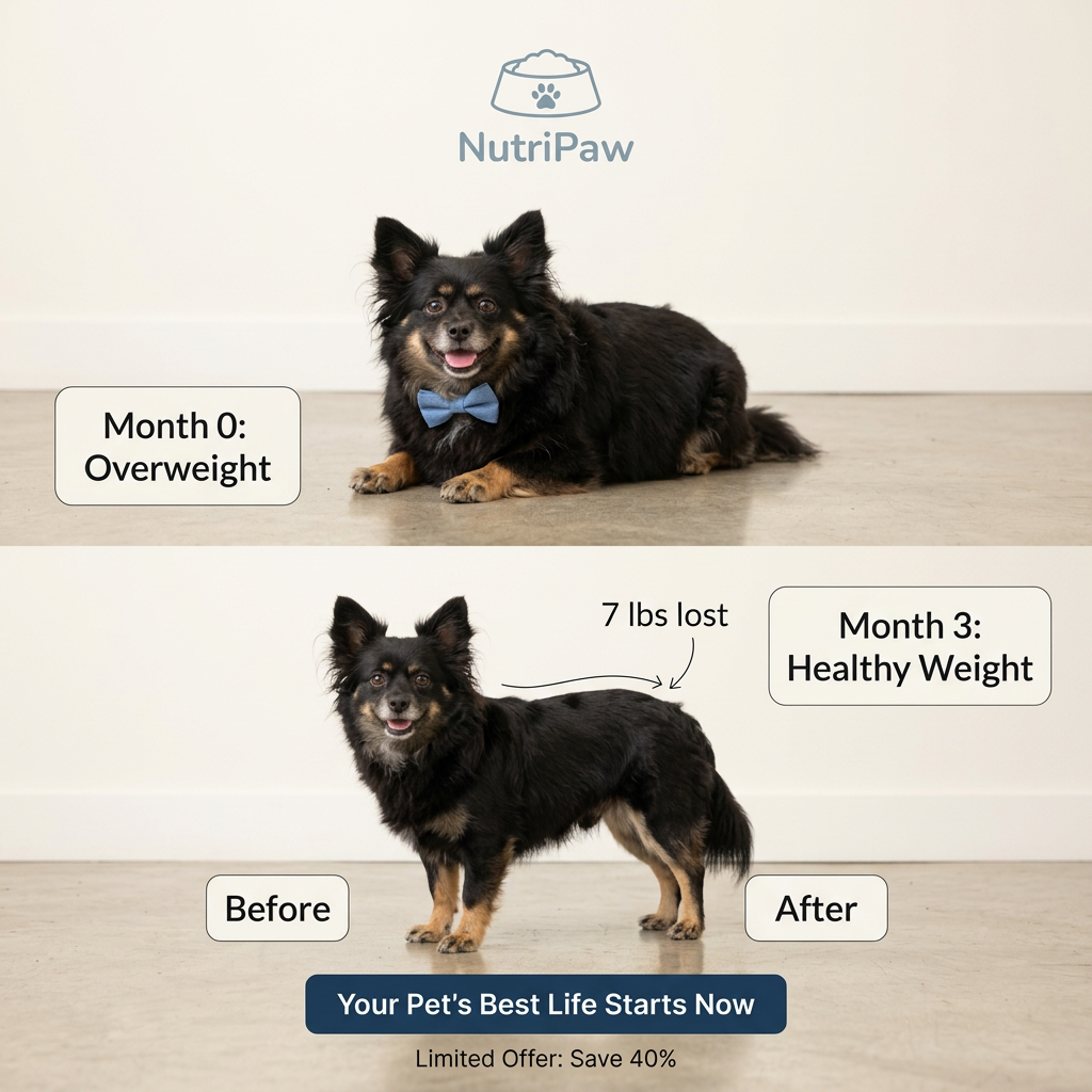 Before and after of a small black and tan dog: overweight at month 0, healthy weight at month 3 with 7 lbs lost, 40% off