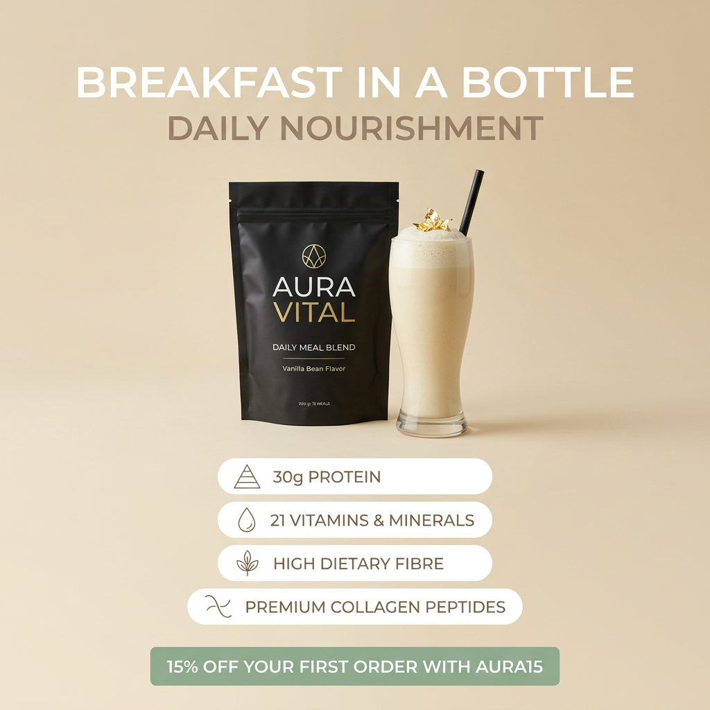 Black and gold Aura Vital meal blend pouch next to a vanilla shake, with four benefit pills and a 15% off code banner
