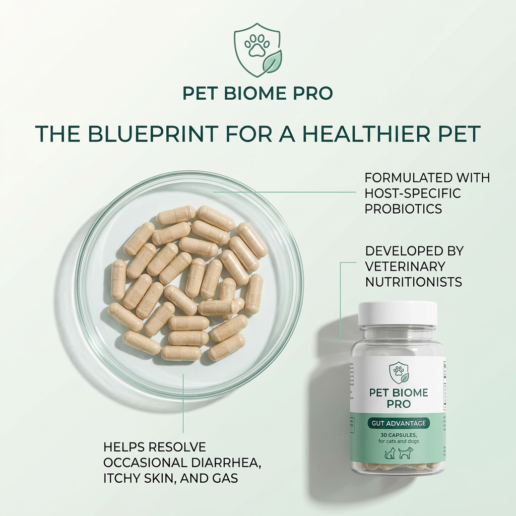 Probiotic capsules in a glass petri dish beside a Pet Biome Pro Gut Advantage bottle with three leader-line claims