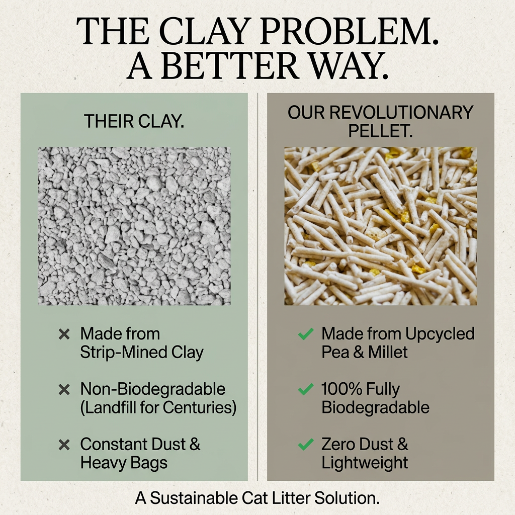 Two panels: grey clay litter with three crosses vs cream pea and millet pellets with three green ticks