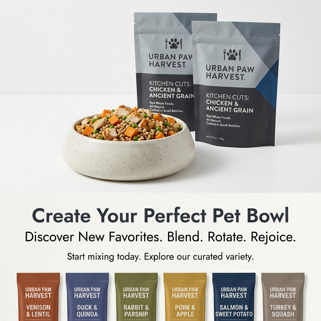 Two grey Urban Paw Harvest pouches and a speckled bowl of chicken and grains above six coloured flavour packs