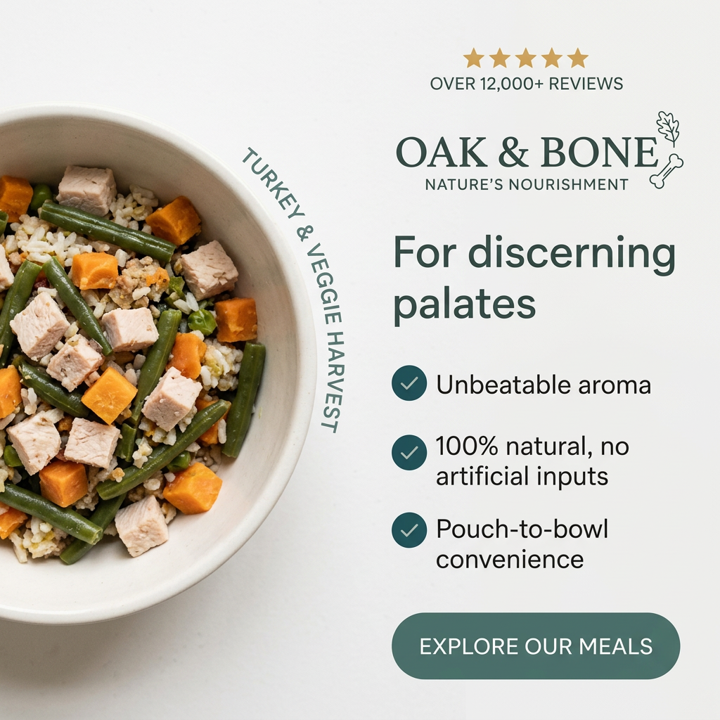 Half-cropped bowl of turkey, green beans and sweet potato beside Oak & Bone logo, 12,000+ reviews and three ticked benefits