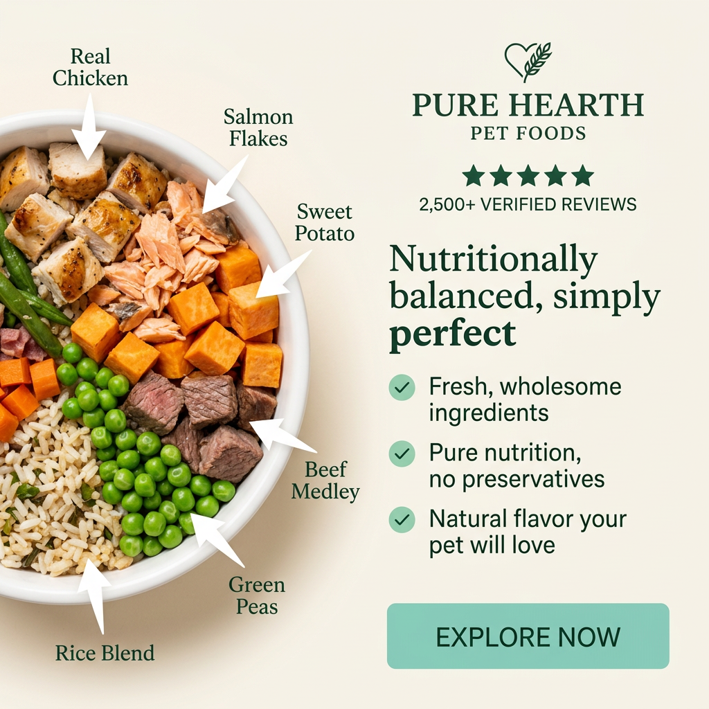 Bowl of chicken, salmon, sweet potato, beef, peas and rice with arrow labels, beside 2,500+ reviews and ticked benefits
