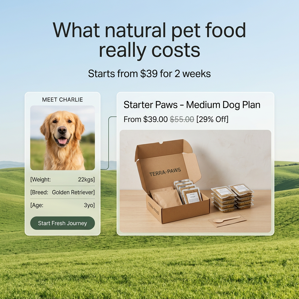 Golden retriever profile card linked to a Terra-Paws starter plan card from $39, with a kraft box over green hills