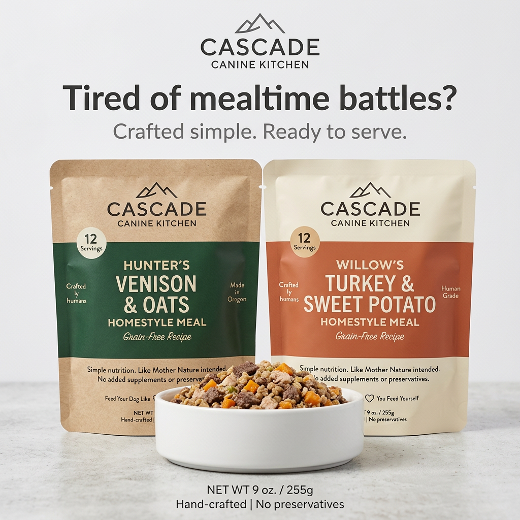 Green and orange Cascade Canine Kitchen homestyle meal pouches behind a white bowl of dog food on light grey