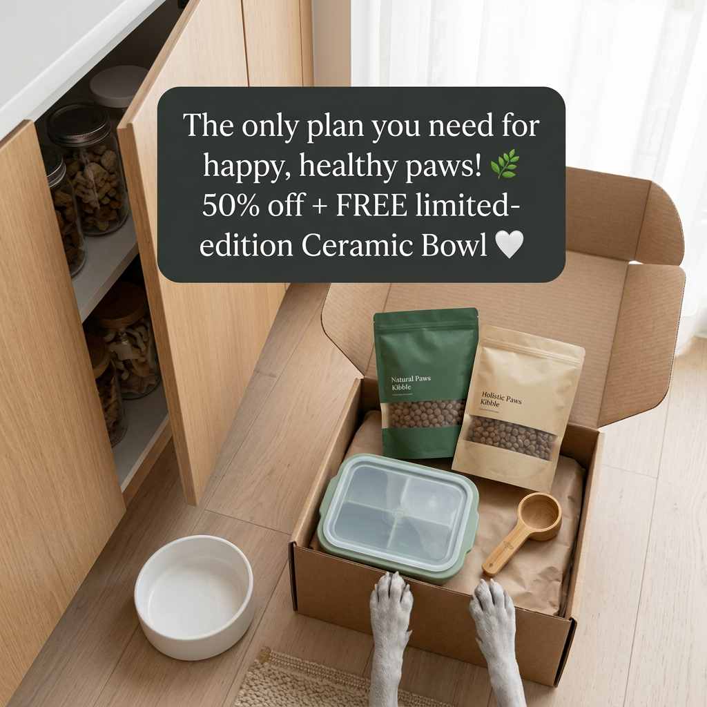 Open box with two kibble pouches, container and bamboo scoop, dog paws on the edge, with 50% off and free bowl offer