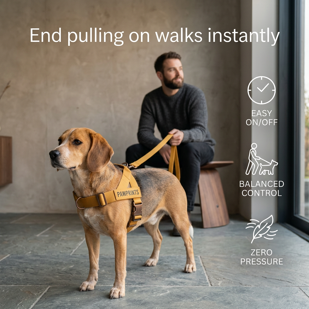 Beagle in a mustard Pawprints harness on a slate floor, owner seated holding the leash, with three icon benefits