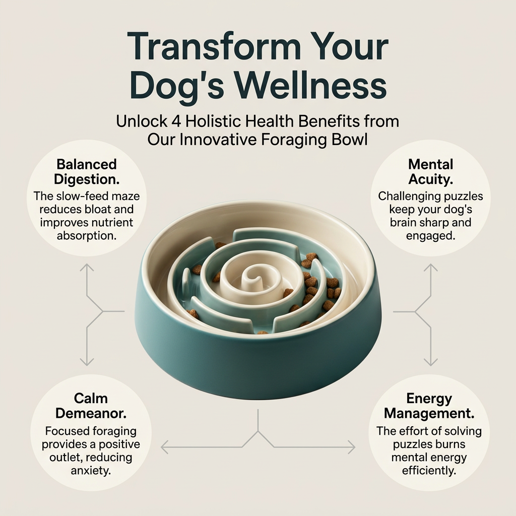 Teal ceramic spiral slow feeder bowl with kibble, surrounded by four circles on digestion, mental, calm and energy benefits