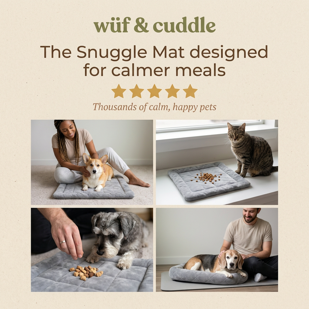 Four photos of a corgi, tabby cat, schnauzer and beagle on a grey quilted mat at home, under a headline and five stars