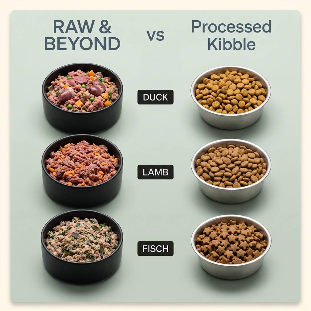 Three black bowls of raw duck, lamb and fish beside three steel bowls of kibble, with protein labels between them