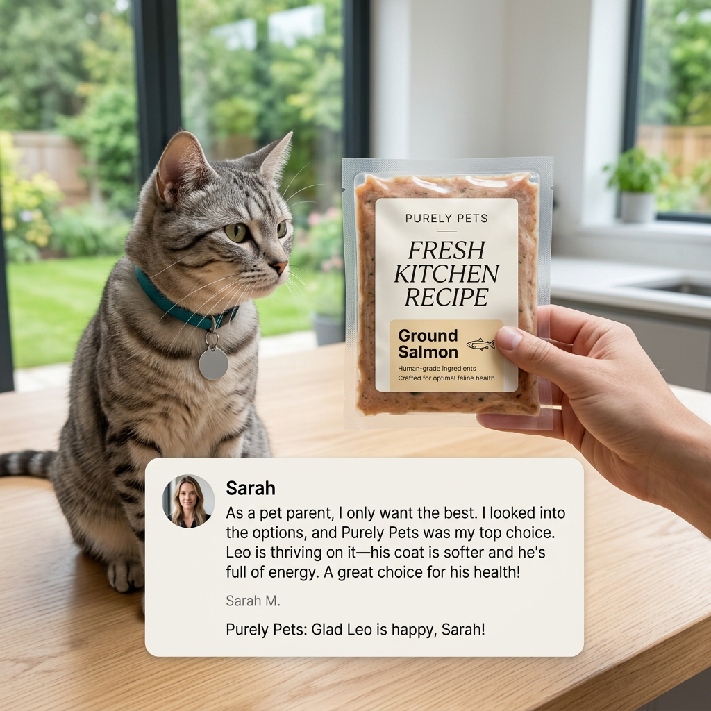 Hand holding a Purely Pets Ground Salmon pack beside a tabby cat in a kitchen, with a customer review card and brand reply