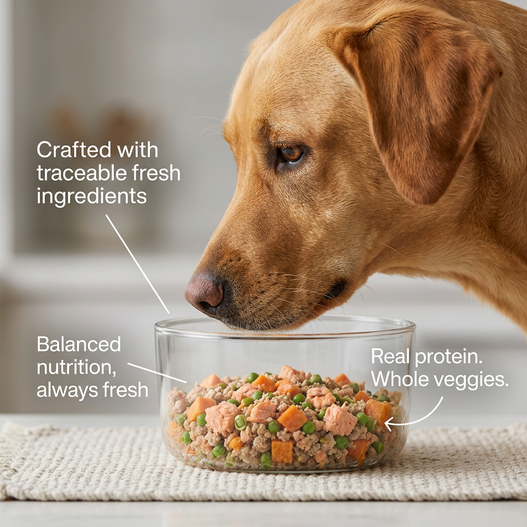 Yellow Labrador sniffing a glass bowl of salmon, sweet potato and peas on a woven mat, with three white text callouts