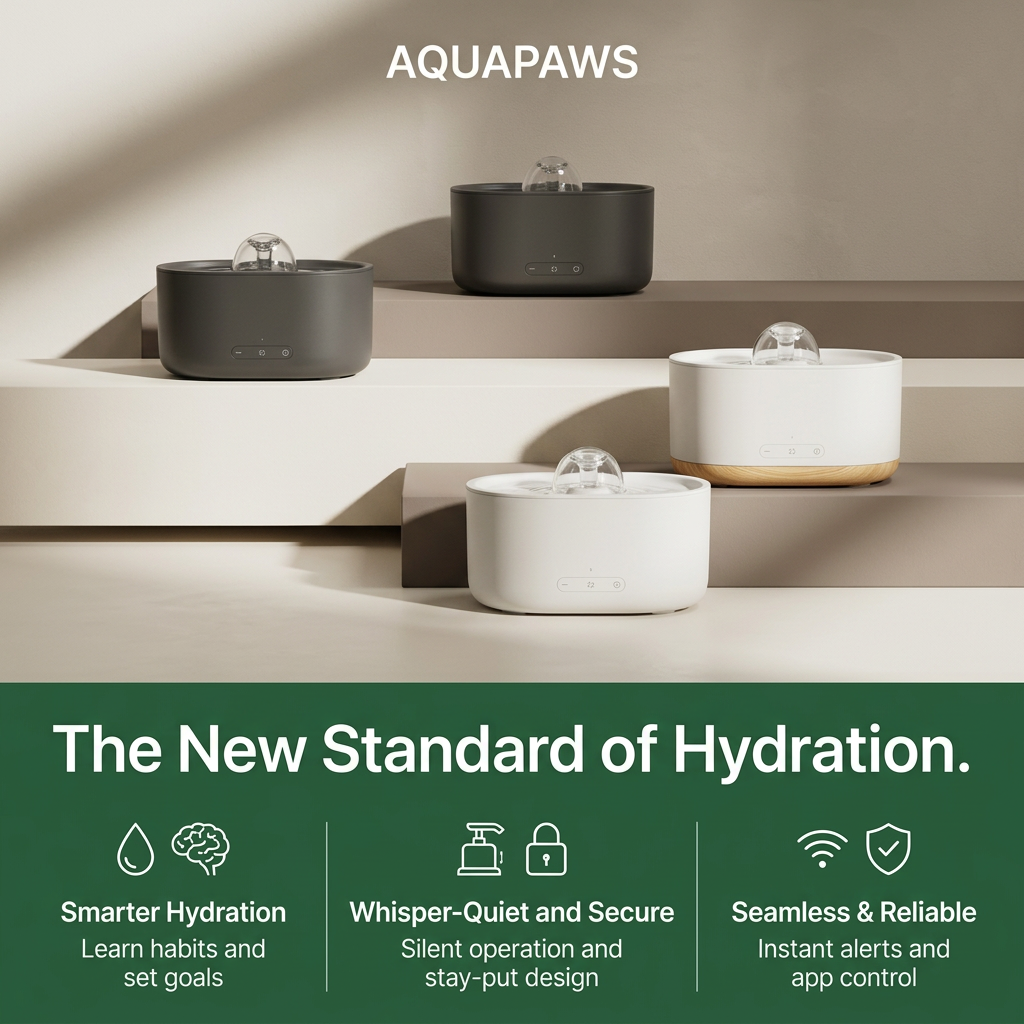 Four Aquapaws smart pet water fountains in charcoal and white on stone steps, above a green band with three icon features