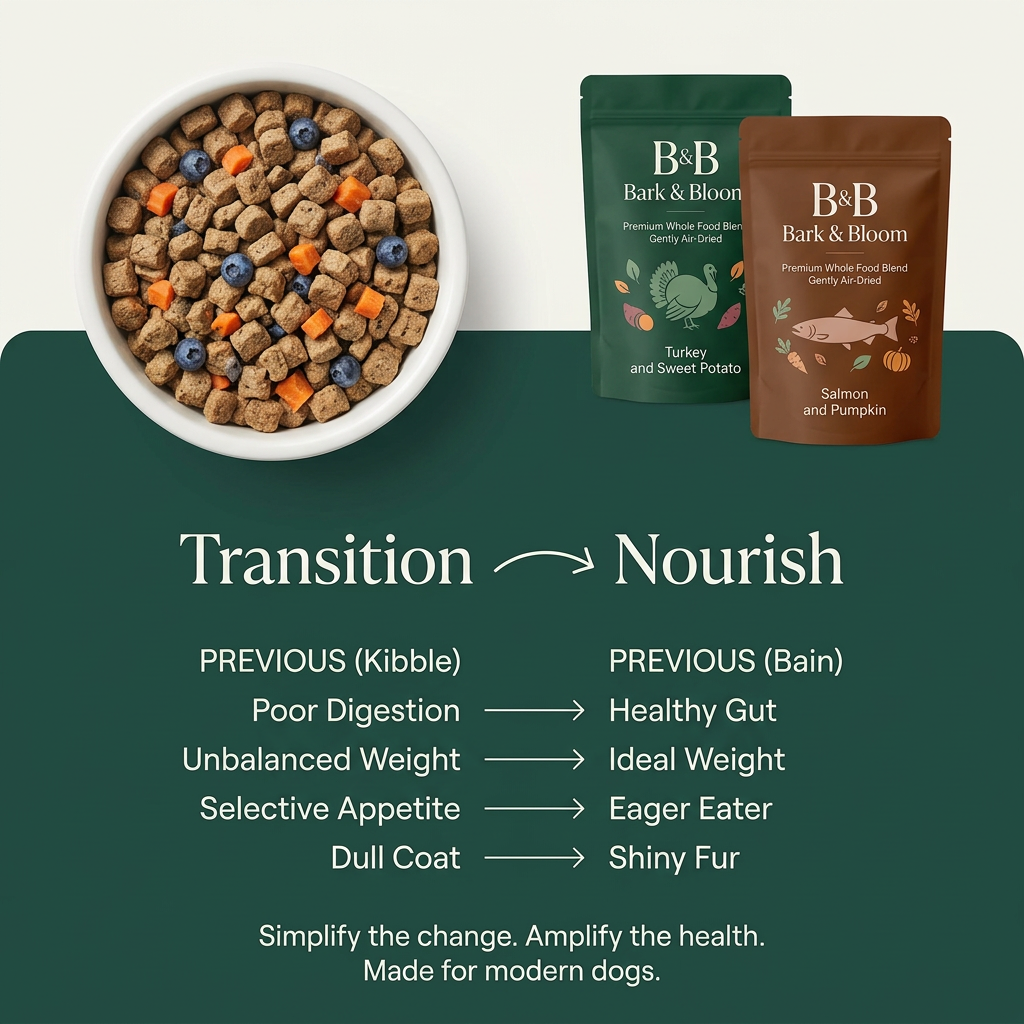 Bowl of air-dried dog food and two Bark & Bloom pouches above a green panel with four kibble-to-healthy arrow pairs